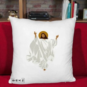 Perna Decorativa Iisus Hristos Invierea Silueta Minimalista, 40x40 cm, Alb Pufos, Husa Detasabila, Perna Inclusa, BEKZ®