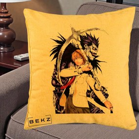 Perna Personalizata Death Note Light si Ryuk Duo, 40x40 cm, Galben, Husa Detasabila, Perna Inclusa, BEKZ®