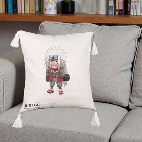Perna Personalizata Naruto Jiraiya Sensei Chibi, 40x40 cm, Bej cu Franjuri, Husa Detasabila, Perna Inclusa, BEKZ®