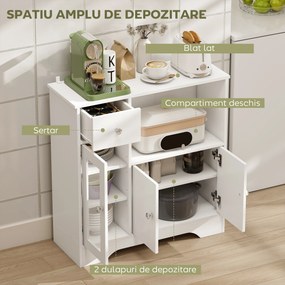 HOMCOM Credență Bufet cu Compartiment Deschis, Sertar, 3 Rafturi și Dulap cu 2 Uși, din Lemn, 80x30x82 cm, Alb | Aosom Romania