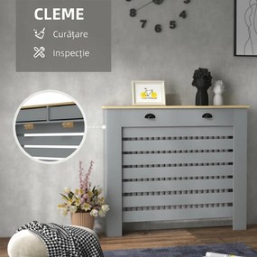 HOMCOM Acoperiș pentru calorifer din MDF cu doghe, cu 2 sertare, 111x19x95.5 cm, Gri | Aosom Romania