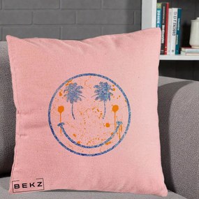 Perna Decorativa Smiley Face Tropical Albastru Glitter si Portocaliu, 40x40 cm, Roz, Husa Detasabila, Perna Inclusa, BEKZ®