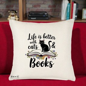 Perna Personalizata Life is Better Cats and Books, 40x40 cm, Crem Reliefat, Husa Detasabila, Perna Inclusa, BEKZ®