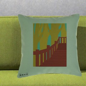Perna Decorativa Scari Toamna Peisaj Grafic, 40x40 cm, Verde, Husa Detasabila, Perna Inclusa, BEKZ®