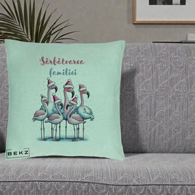 Perna Decorativa Flamingo Craciun Sarbatoarea Familiei, 40x40 cm, Verde Menta, Husa Detasabila, Perna Inclusa, BEKZ®