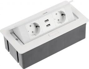 Priză încorporabilă în blat Soft GTV, din oțel, 2 prize Schuko, 2 x USB A, alb, 240 x 120 mm Oțel, Alb, L:240 mm; l:120 mm; H:73 mm