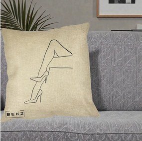 Perna Decorativa Picioare cu Tocuri Line Art, 40x40 cm, Crem, Husa Detasabila, Perna Inclusa, BEKZ®