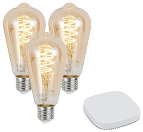Set de 3 becuri LED inteligente E27, reglabile, ST64 4,9W 320 lm 2500K, inclusiv hub inteligent Zigbee