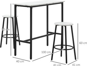 HOMCOM Set Masă și 2 Scaune de Bar din PAL, MDF și Oțel, 100x40x90 cm, Alb și Negru | Aosom Romania