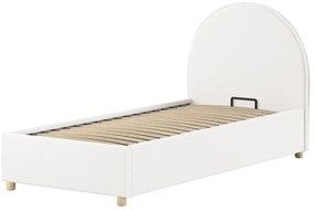 Pat tapițat pentru copii MOON, 90 x 200 cm, alb, cu țesătură bouclé și spațiu de depozitare – Vipack