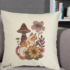 Perna Decorativa Pisica Vintage Florala Boho, 40x40 cm, Ecru, Husa Detasabila, Perna Inclusa, BEKZ®