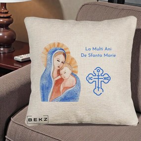 Cadou de Onomastica - Perna Personalizata Sfanta Marie Icoana Acuarela, 40x40 cm, Bej Canapea, Husa Detasabila, Perna Inclusa, BEKZ®