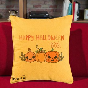 Perna Decorativa Happy Halloween Boo Trei Dovlecei Kawaii, 40x40 cm, Galben, Husa Detasabila, Perna Inclusa, BEKZ®