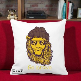 Perna Decorativa Leu Hipster Be Brave, 40x40 cm, Alba Mata, Husa Detasabila, Perna Inclusa, BEKZ®