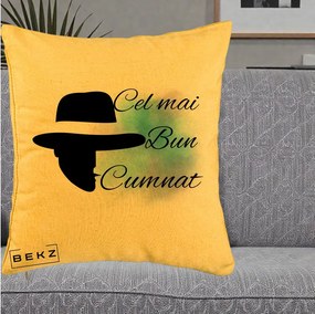 Cadou pentru Cumnat - Perna Personalizata Cel mai Bun Cumnat cu Silueta Palarie si Pete Teal-Roz, 40x40 cm, Galben, Husa Detasabila, Perna Inclusa, BEKZ®