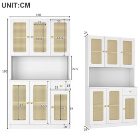 Comoda înaltă din ratan cu 6 uși și sertar central deschis, ideală pentru living și hol, Comoda modernă pentru living, albă