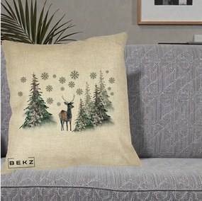 Perna Decorativa Ren in Padure Inzapezita, 40x40 cm, Crem, Husa Detasabila, Perna Inclusa, BEKZ®