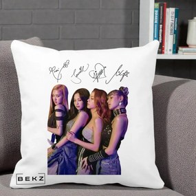 Perna Personalizata K-pop BLACKPINK Fotografie Grup Autografe Deasupra, 40x40 cm, Alba Mata, Husa Detasabila, Perna Inclusa, BEKZ®