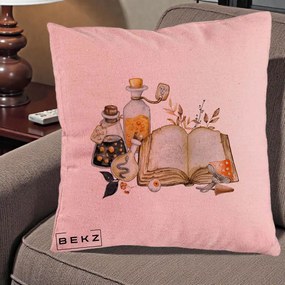 Perna Decorativa Grimoire Vrajitoare si Filtre Magice Halloween, 40x40 cm, Roz, Husa Detasabila, Perna Inclusa, BEKZ®