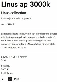 Aplica perete LED liniara 120cm ambientala LINUS AP 3000K BK