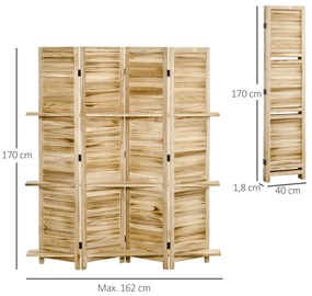 HOMCOM Paravan interior cu 4 panouri și 3 rafturi pliabile uși obloane lemn de paulownia aspect pin autoclav | Aosom Romania