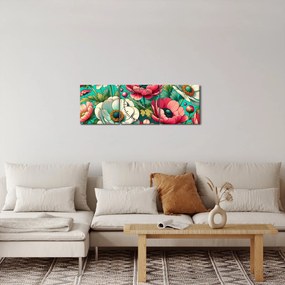 Tablou - Flori pe fundal albastru (cu ceas) (90x30 cm)