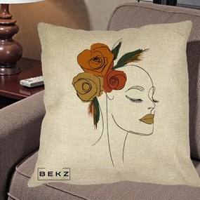 Perna Decorativa Portret Feminin Trandafiri Ruginii, 40x40 cm, Crem, Husa Detasabila, Perna Inclusa, BEKZ®