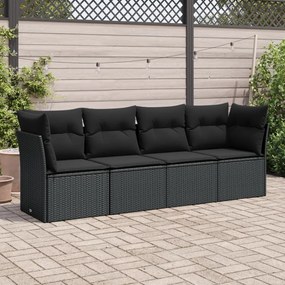 vidaXL Set mobilier de grădină cu perne, 4 piese, negru, poliratan