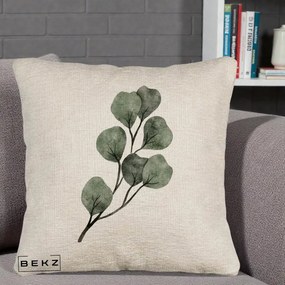 Perna Decorativa Ramura Eucalipt Acuarela, 40x40 cm, Bej Canapea, Husa Detasabila, Perna Inclusa, BEKZ®