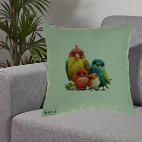 Perna Decorativa Familie de Pasarele Colorate, 40x40 cm, Verde, Husa Detasabila, Perna Inclusa, BEKZ®