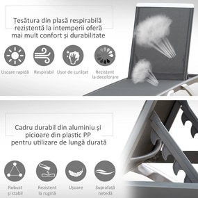 Outsunny Sezlong de Grădină cu Spătar Reglabil pe 5 Niveluri și Roți, Aluminiu și Textilena, Gri și Alb, 195x67.5x33 cm | Aosom Romania