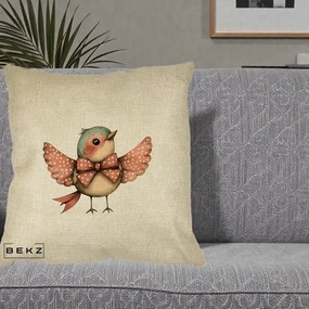 Perna Decorativa Pasare Roz cu Aripi si Fundita, 40x40 cm, Crem, Husa Detasabila, Perna Inclusa, BEKZ®