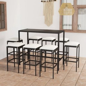 Set mobilier bar de gradina cu perne, 9 piese, negru, poliratan