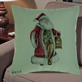 Perna Decorativa Mos Craciun Vintage cu Felinar, 40x40 cm, Verde, Husa Detasabila, Perna Inclusa, BEKZ®