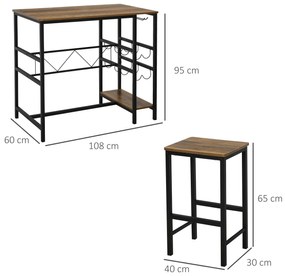 Set Masa cu 2 Scaune de Bar HOMCOM, Lemn 8 Suporturi pentru Sticle, 4 pentru Pahare | Aosom Romania