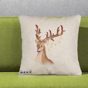 Perna Decorativa Ren cu Luminite de Craciun, 40x40 cm, Bej Canapea, Husa Detasabila, Perna Inclusa, BEKZ®