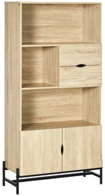 Biblioteca de Perete din MDF si Metal cu 2 Sertare, 2 Dulapioare si 4 Rafturi Deschise, 80x35x155 cm, culoare Lemn natur HOMCOM | Aosom Romania