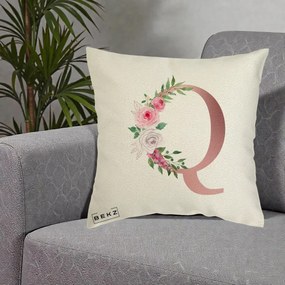 Cadou Personalizat - Perna Personalizata Monograma Rose Gold Litera Q, 40x40 cm, Ecru, Husa Detasabila, Perna Inclusa, BEKZ®