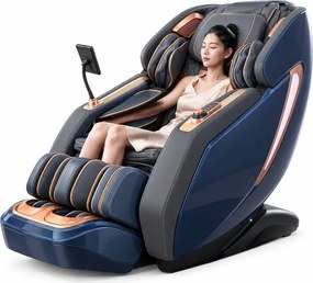 Fotoliu de masaj MAXIMUS, AI voce, Incalzire, Bluetooth, Display, Ecran tactil, Controler rapid cotiera, Zero Gravity, 2 Boxe, Moduri Automate, Suport Picioare extensibil, Piele Ecologica Premium, Albastru