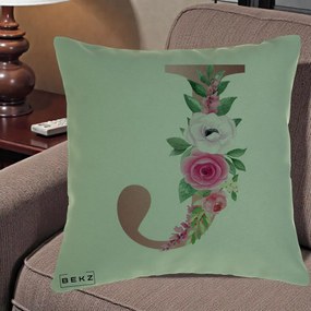 Cadou Personalizat - Perna Personalizata Monograma Rose Gold Litera J, 40x40 cm, Verde, Husa Detasabila, Perna Inclusa, BEKZ®