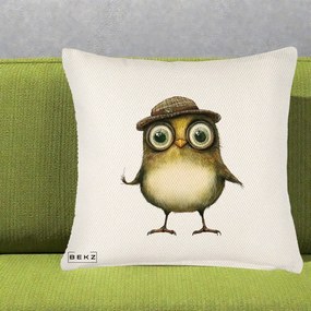 Perna Decorativa Pui Intelectual cu Palarie Tweed, 40x40 cm, Crem Reliefat, Husa Detasabila, Perna Inclusa, BEKZ®