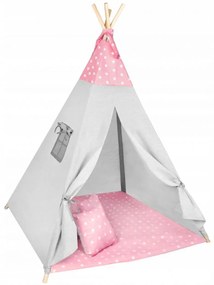 Cort de Joaca TeePee in Stil Indian Pentru Copii NOVOKIDS™ Cozy Pink Star, Bumbac 100%, Saltea si 3 Pernite Incluse, Dimensiuni 115x115x180, Usor de