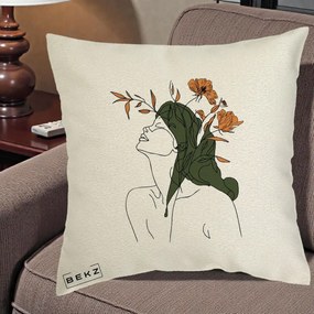 Perna Decorativa Portret Feminin Profil Flori Portocalii, 40x40 cm, Ecru, Husa Detasabila, Perna Inclusa, BEKZ®