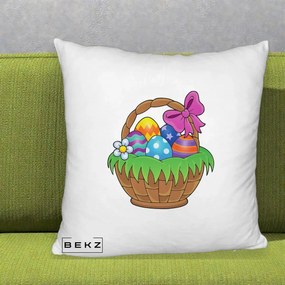 Perna Decorativa Cos cu Oua de Pasti Colorat, 40x40 cm, Alb Pufos, Husa Detasabila, Perna Inclusa, BEKZ®