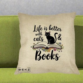 Perna Personalizata Life is Better Cats and Books, 40x40 cm, Crem, Husa Detasabila, Perna Inclusa, BEKZ®