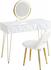 SEA435 - Set Masa toaleta, 100 cm, cosmetica machiaj, oglinda cu LED, masuta vanity, scaun tapitat - Alb lucios