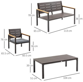 Salon de Gradina Outsunny Set 4 Piese cu 1 Canapea, 2 Fotolii si 1 Masuta, Mobilier de Gradina din Otel si Plastic, Maro