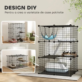 PawHut Cușcă pentru Pisici 105 cm de Interior, Recinto din Oțel cu 3 Uși, Design Personalizabil DIY pentru Pisoi, Spațiu pe 3 Niveluri cu Scări, Hamac și Platformă, Negru | Aosom Romania