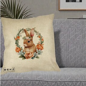 Perna Decorativa Iepuras Floral Coronita Acuarela, 40x40 cm, Crem, Husa Detasabila, Perna Inclusa, BEKZ®