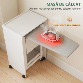 HOMCOM Dulap Masă de Călcat Pliabil cu Roți și Suport pentru Fier de Călcat, Dulap de Călcat Multifuncțional cu Rafturi, Compartiment Deschis, pentru Spălătorie, Baie, 154x55x87 cm, Alb | Aosom Romania